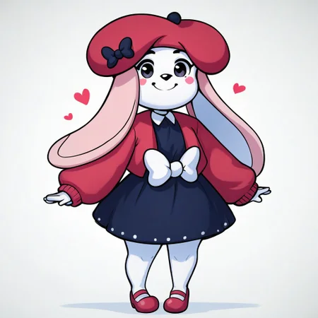 score_9, score_8_up, score_8, score_7, source_cartoon, source_furry, Rosianna_R, Solo, 1girl, anthro, furry female, bunny, rabbit girl, white fur, pink ears, rabbit ears, heart blush stickers, black eyes, black nose, red beret, red jacket, black collared dress, white waist bow, red mary janes, full body, looking at viewer, smile, standing, white background,