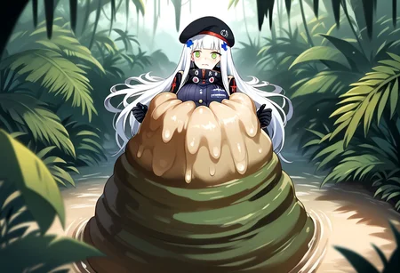 NSFW, looking down, masterpiece, best quality, amazing quality, very aesthetic, score_9,score_8_up, score_7_up, score_6_up, BREAK, official art, solo, outdoors, upper body, (portrait:1.5), looking at viewer, facing viewer, blush, hk416 (girls' frontline), hat,beret, black headwear, very long hair, white hair, x hair ornament, sidelocks, blunt bangs, green eyes, facial mark, teardrop, military jacket, purple jacket, clothes writing, uniform, white gloves, long sleeves, black sleeve, german flag, large breasts, skindentation, <lora:HK416(gf)-Pony:1.3>, (score_9, score_8_up, score_7_up, score_6_up, score_5_up, score_4_up), source_anime,<lora:vore_lower_body-2:1>, slime creature, restrained, vore, Like like, monster, <lora:Like like illus:1>, arms out, arms down, Creature massaging her, (jungle:1.2), (blushing), looking down, palmtree blurry background depth of field, (from above:1.3), up to chest