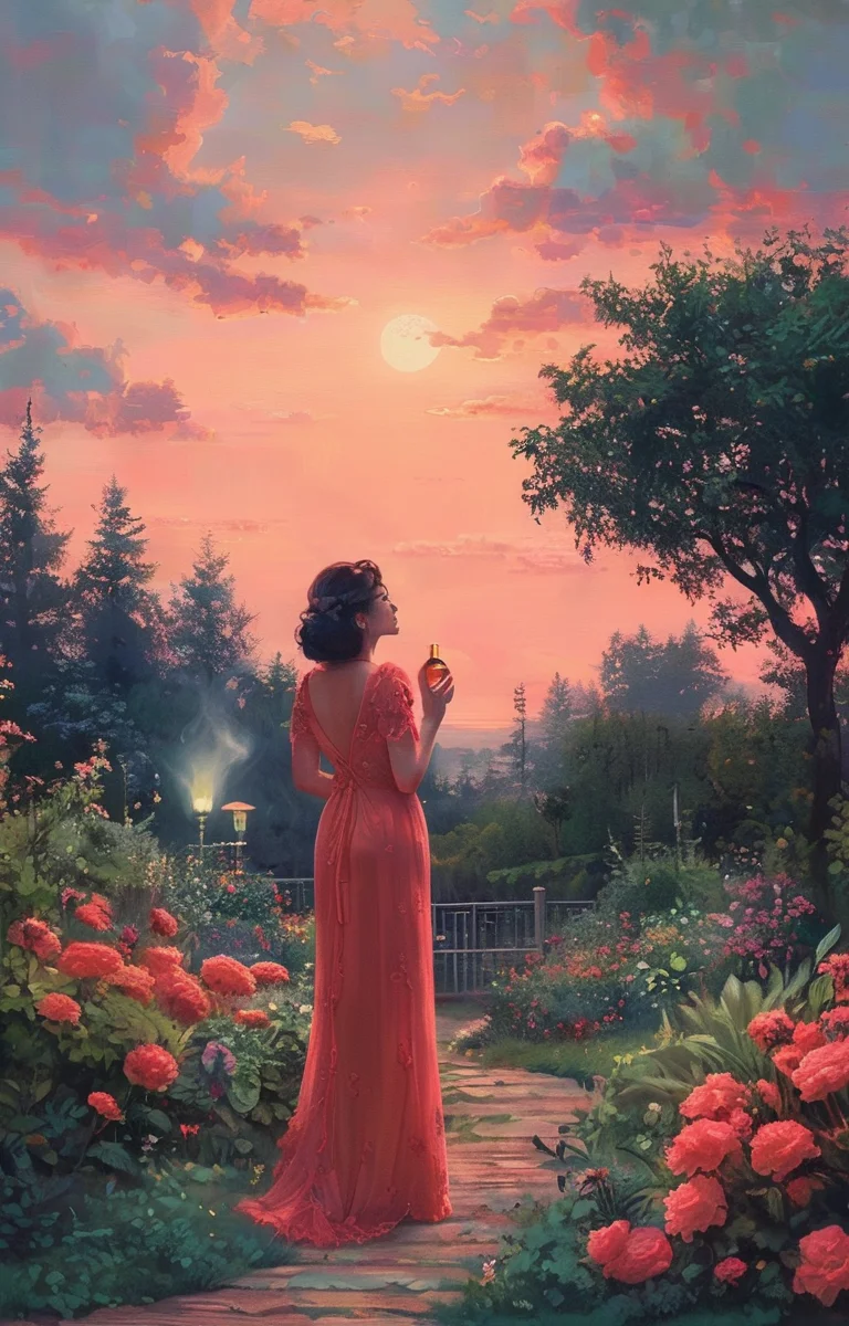 masterpiece,best quality,<lora:tbh326-sdxl:0.9>,illustration,style of Alena Aenami A bottle of perfume in garden