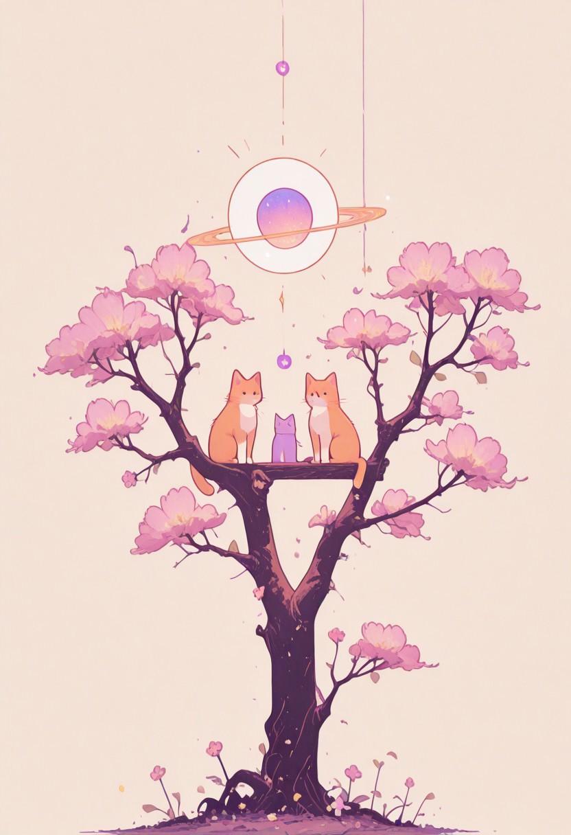 masterpiece, best quality, absurdres, cats sitting on a tree branch, facing each other in an intimate and harmonious pose. The left cat is black, while the right cat is white, creating a striking contrast. They are surrounded by delicate, blooming branches with small flowers, adding a serene and romantic atmosphere. The background is softly blurred, focusing the viewer's attention on the cats and their interaction. The lighting is soft, emphasizing the texture of their fur and the gentle ambiance of the scene. pink heart in front of them, white sphere in the background, h4ra_illu, momosp, MalinaCharmingStyle