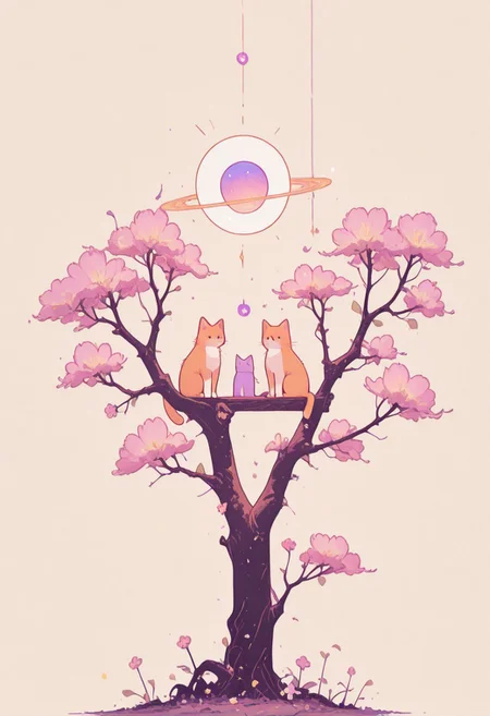 masterpiece, best quality, absurdres, cats sitting on a tree branch, facing each other in an intimate and harmonious pose. The left cat is black, while the right cat is white, creating a striking contrast. They are surrounded by delicate, blooming branches with small flowers, adding a serene and romantic atmosphere. The background is softly blurred, focusing the viewer's attention on the cats and their interaction. The lighting is soft, emphasizing the texture of their fur and the gentle ambiance of the scene. pink heart in front of them, white sphere in the background, h4ra_illu, momosp, MalinaCharmingStyle