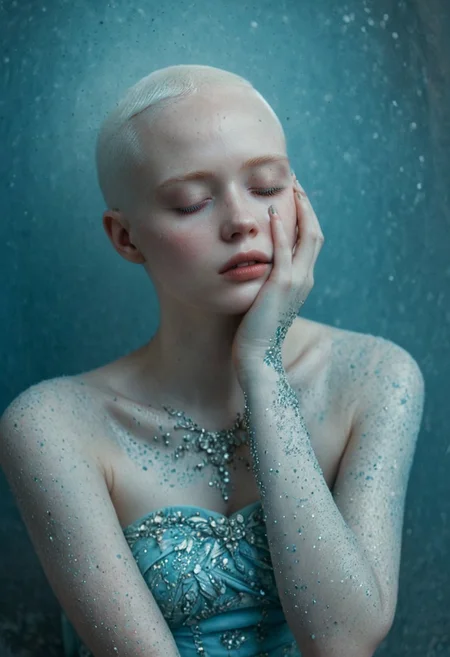 A photograph of an albino woman with her head shaved, wearing ornate silver and gold jewelry, crying into the palm of one hand while sitting on concrete in a dark room covered in glittery pale blue dust, in the style of Tim Walker. The lighting is moody, creating a dreamlike atmosphere. Dark