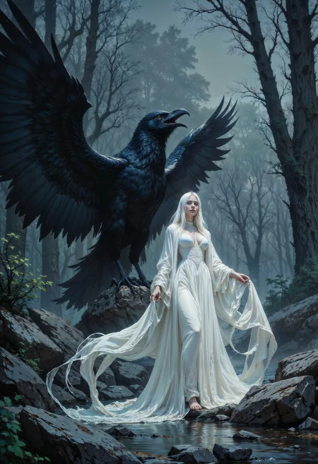 a highly detailed digital painting in a dark fantasy style, depicting a mystical scene. The central figure is a pale, slender woman with long, flowing white hair, standing on a rocky terrain that appears wet and reflective, possibly near a body of water. She is wearing a long, flowing white gown that billows around her, creating a ghostly effect. The gown's fabric looks ethereal and delicate, almost translucent, blending seamlessly with the misty atmosphere.
To the left of the woman, there is a massive, dark raven with wings spread wide, casting a shadow over the scene. The raven's feathers are depicted with intricate detail, appearing almost black and slightly iridescent, catching the faint light that filters through the mist. The background is a dense, dark forest with towering trees and a heavy, overcast sky, creating a somber, eerie ambiance. The colors are predominantly dark greys and blacks, contrasted by the bright white of the woman and her gown. The painting uses a realistic yet fantastical style, with a focus on textures and atmospheric lighting to evoke a sense of mystery and otherworldliness.
