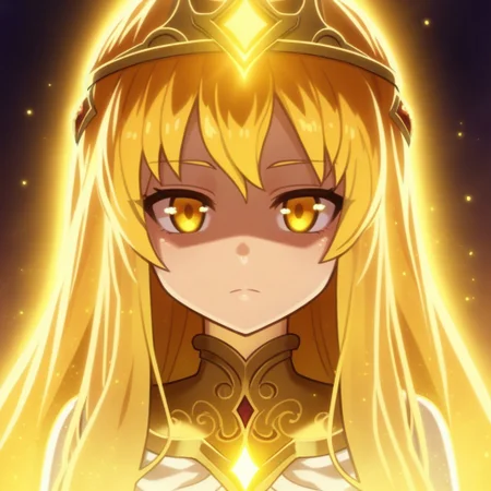 mana_sk style, portrait, focus on face, a radiant sun priestess girl with cascading golden hair glowing softly like sunlight, amber eyes filled with warmth, wearing a crown shaped like sun rays, her serene expression emanating peace, faint golden halos in the background, Japanese RPG style, divine and ethereal atmosphere, intricate details on her crown and glowing aura