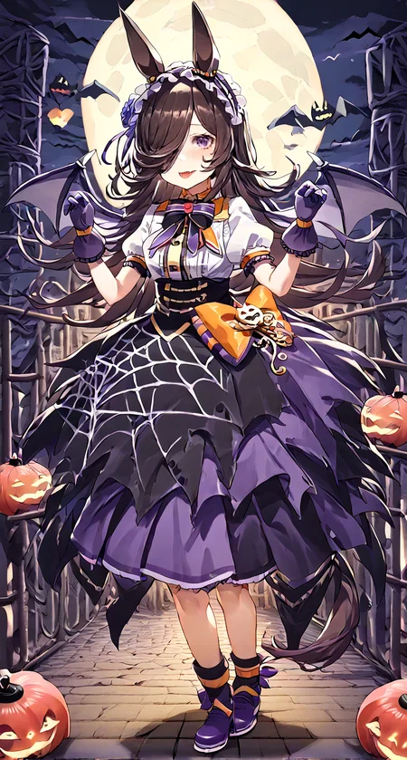 score_9,score_8_up,score_7_up,
official art,official style,game cg,megami magazine,
1girl,
rcs race,rice shower (umamusume),
rcs muv,rice shower (make up vampire!) (umamusume),rice shower (umamusume),
animal ears,bangs,bat wings,black bow,black bowtie,black skirt,
blue flower,blue rose,blush,boots,bow,bowtie,brooch,brown hair,
center frills,collared shirt,dress,eyebrows visible through hair,
flower,frilled hairband,frills,gloves,hair flower,hair ornament,hair over one eye,
hairband,halloween,high-waist skirt,horse ears,horse girl,horse tail,
jewelry,layered skirt,long hair,official alternate costume,orange bow,
puffy short sleeves,puffy sleeves,purple bow,purple eyes,purple footwear,purple gloves,
purple hairband,purple skirt,rose,shirt,short sleeves,skirt,spider web print,tail,violet eyes,white shirt,
standing, full body,
<lora:umamusume_rice_shower_pony_v1:1>,
