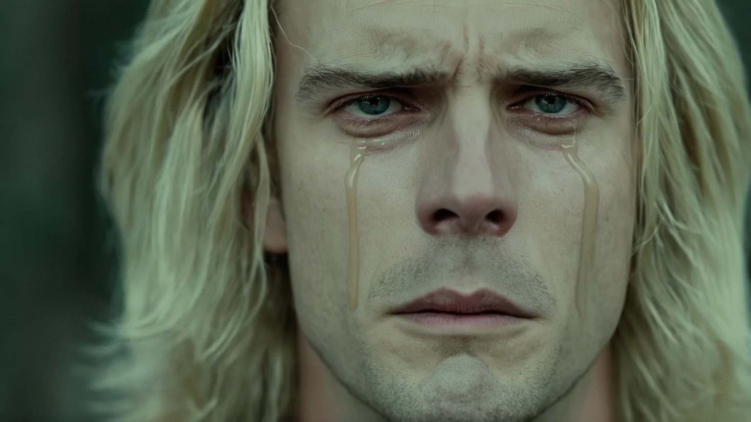 cinematic film still of  <lora:crying style:0.8>
 <lora:detailed:0.5>
 <lora:perfection style:0.5>
 <lora:Chiaroscuro Lighting Style:0.3>
a man with long blonde hair is crying and his eyes are crying.,solo,blonde hair,1boy,male focus,black eyes,portrait,close-up,realistic , crying, sad, teary face, tears, crying style, shallow depth of field, vignette, highly detailed, high budget, bokeh, cinemascope, moody, epic, gorgeous, film grain, grainy