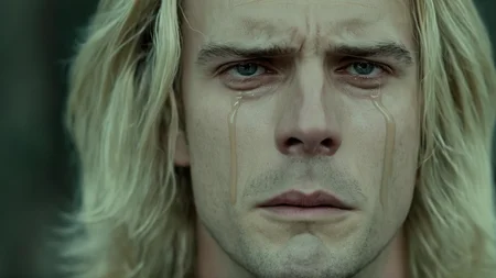 cinematic film still of <lora:crying style:0.8>
<lora:detailed:0.5>
<lora:perfection style:0.5>
<lora:Chiaroscuro Lighting Style:0.3>
a man with long blonde hair is crying and his eyes are crying.,solo,blonde hair,1boy,male focus,black eyes,portrait,close-up,realistic , crying, sad, teary face, tears, crying style, shallow depth of field, vignette, highly detailed, high budget, bokeh, cinemascope, moody, epic, gorgeous, film grain, grainy