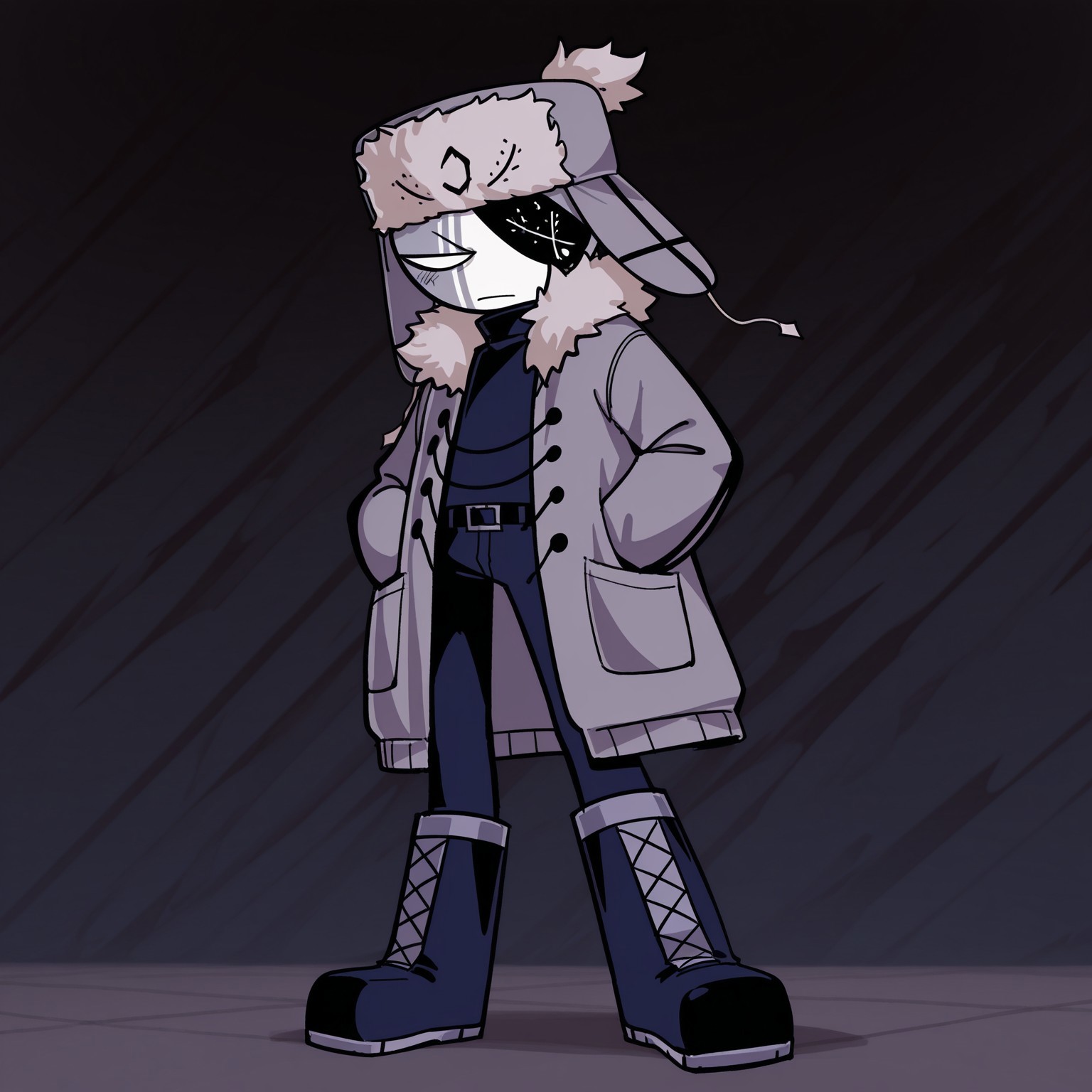 2d, solo, 1boy, Ruvyzvat, male, humanoid, white skin, gray skin, white body, white sclera, no pupils, eyepatch

Gray hat, Ushanka, fur trim, gray and black coat, open coat, long sleeves, dark blue undershirt, dark blue turtleneck, dark blue belt, dark blue pants, dark blue and gray boots, 

BREAK standing, full body, hands in coat pocket, abstract background 

BREAK best quality, amazing quality, very aesthetic, absurdres, newest, masterpiece, high quality