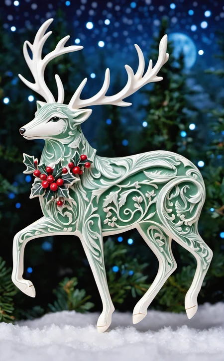 Astral Aura, Amidst a silvery winter's night, a small, agile creature, reminiscent of legends and fairy tales, flits through the moonlit forest. Its coat, a tapestry of deep forest green and frosty white, blends seamlessly with the enchanted winter surroundings. With a snout that twitches in the crisp air and keen, bright eyes surveying the landscape, it moves with a purposeful grace, akin to a guardian spirit of Christmas lore. On its back, a tiny, intricately carved wooden pack, adorned with holly and mistletoe, overflows with miniature gifts, each wrapped in paper that twinkles like starlight. As it bounds softly over the snow, its presence brings a sense of wonder and joy, weaving the magic of the holidays into the heart of the wilderness., astral, colorful aura, vibrant energy