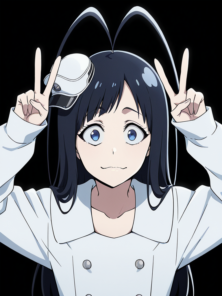 score_9, score_8_up, score_7_up,  
1boy, androgynous, giselle gewelle, blue eyes, black hair, long hair, antenna hair,
mini hat,
military uniform, white dress, long sleeves, collarbone, short dress, double breasted, 
black background, upper body, double v, smile, closed mouth, wide-eyed, looking at viewer, wavy mouth,

