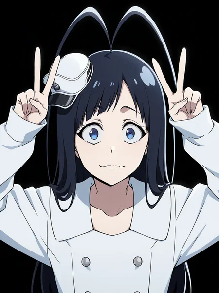 score_9, score_8_up, score_7_up,
1boy, androgynous, giselle gewelle, blue eyes, black hair, long hair, antenna hair,
mini hat,
military uniform, white dress, long sleeves, collarbone, short dress, double breasted,
black background, upper body, double v, smile, closed mouth, wide-eyed, looking at viewer, wavy mouth,