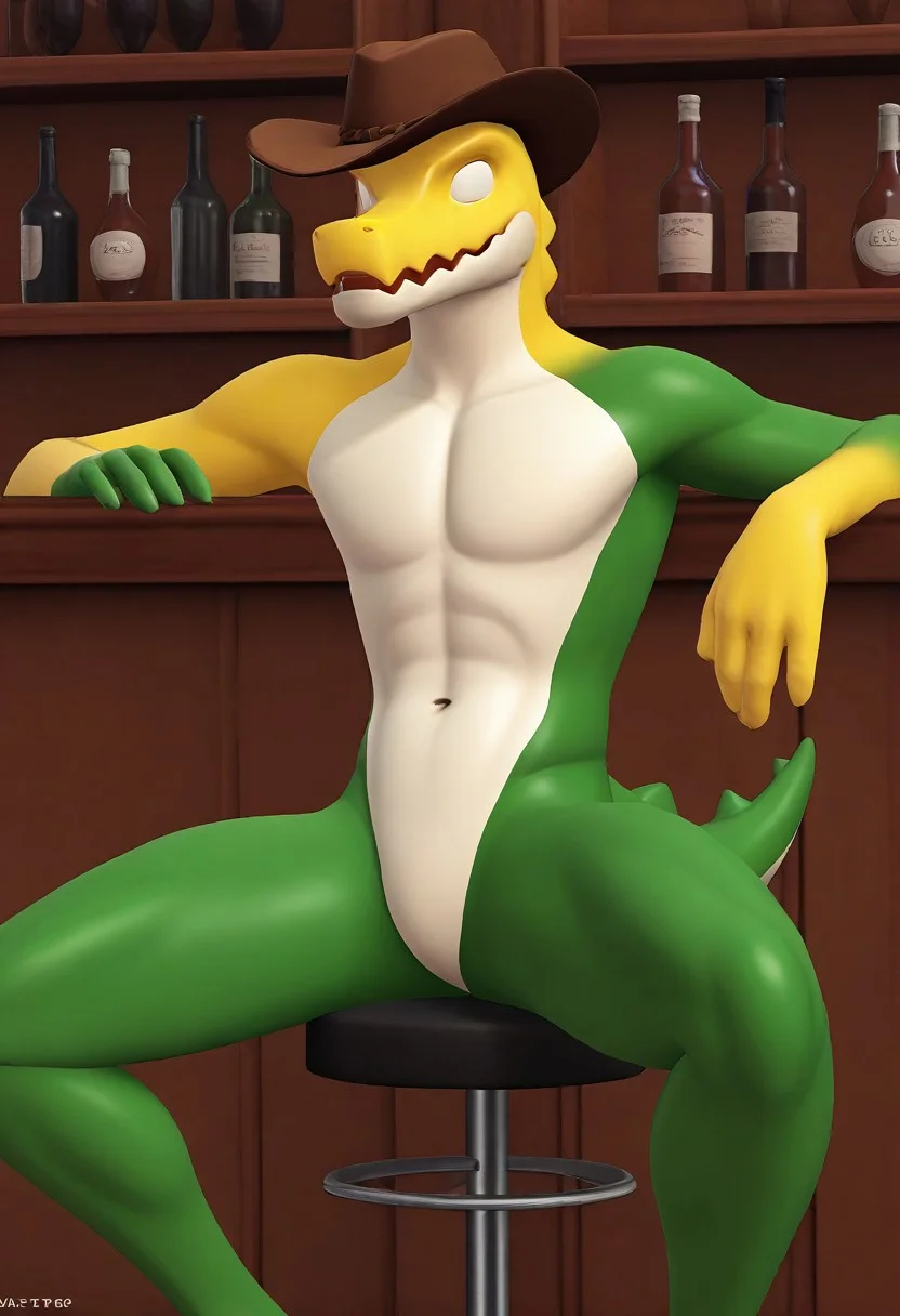 score_9, score_8_up, score_7_up, 3d, source_furry, 1male, male focus, manly, anthro, scalie, GummigooPXL, cowboy hat, nude, featureless crotch, featureless chest, sitting, bar, Ts2, artstyle,