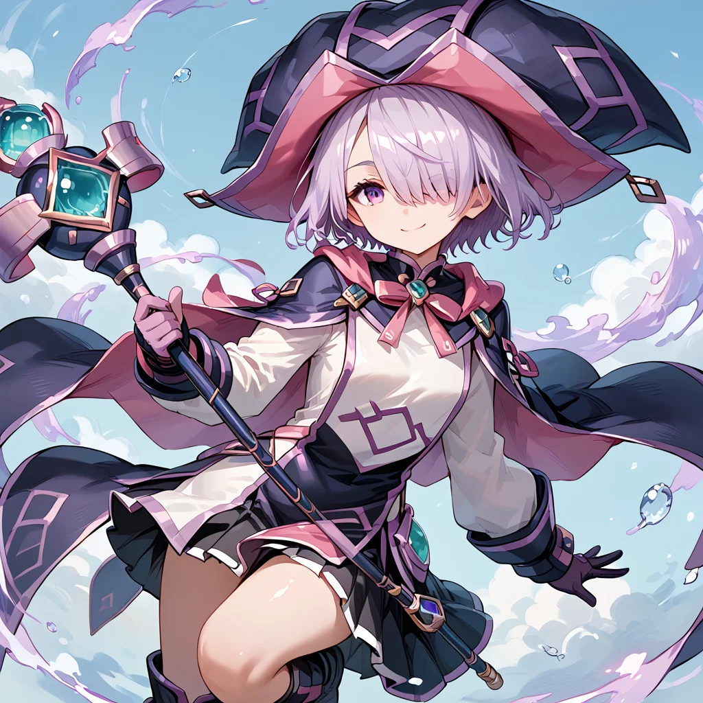 score_9_up, score_8_up, score_7_up, score_anime,high quality,
cyberse sage.1girl.hat, solo, hair over one eye, gloves, short hair, smile, purple hair, skirt, looking at viewer, boots,short cloak.tabard.only one staff
<lora:add-detail-xl:1> <lora:cyberse sagev1:0.75>