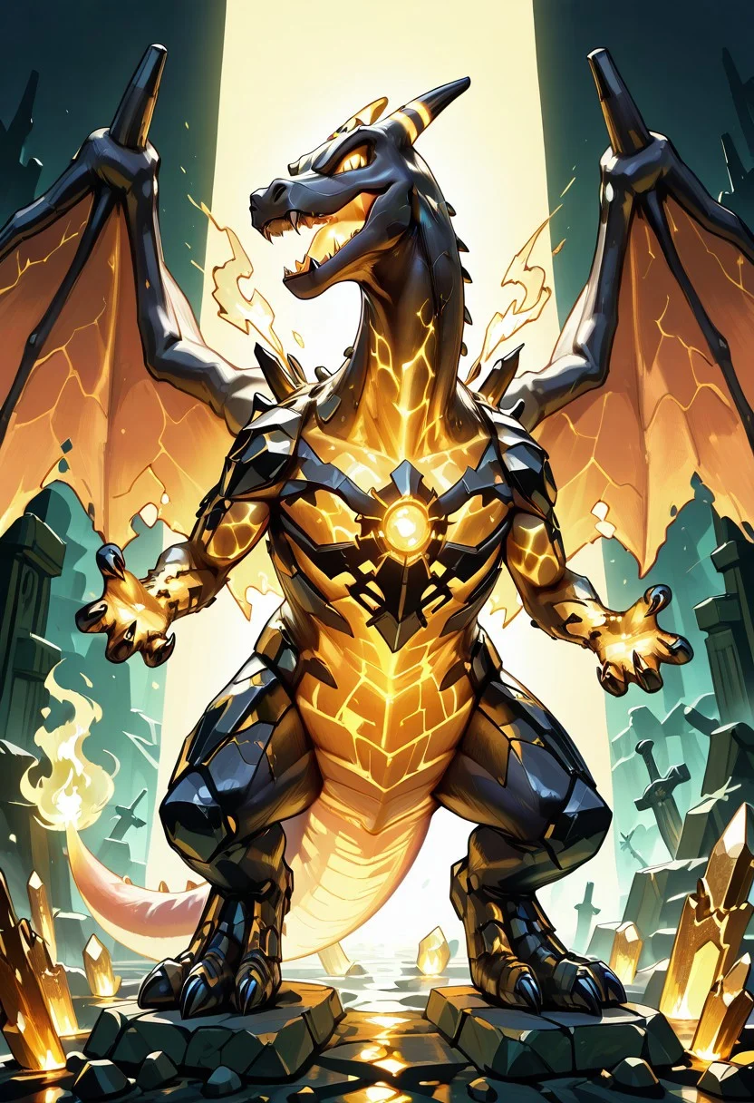 masterpiece, best quality, no humans,
zzCrystalKing, charizard fusion, black crystal armor, golden glowing fractures, smoldering ember tail, horned crown, ruined temple, crouched pose, dusk lighting, apocalyptic energy, divine menace — In the ruins of a shattered temple at sunset, the obsidian crystal-charizard crouches atop broken stone, its golden cracks pulsing like molten lightning. Its horned head glints with divine menace, wings folded in jagged black blades. The ember at the end of its tail burns low but deep, casting a slow, smoldering glow. Shadows stretch long as dusk falls, painting its frame in contrasts of light and ruin. A final guardian of a dead age, it exudes overwhelming pressure—divine and absolute.