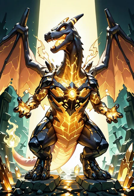 masterpiece, best quality, no humans, 
zzCrystalKing, charizard fusion, black crystal armor, golden glowing fractures, smoldering ember tail, horned crown, ruined temple, crouched pose, dusk lighting, apocalyptic energy, divine menace — In the ruins of a shattered temple at sunset, the obsidian crystal-charizard crouches atop broken stone, its golden cracks pulsing like molten lightning. Its horned head glints with divine menace, wings folded in jagged black blades. The ember at the end of its tail burns low but deep, casting a slow, smoldering glow. Shadows stretch long as dusk falls, painting its frame in contrasts of light and ruin. A final guardian of a dead age, it exudes overwhelming pressure—divine and absolute.