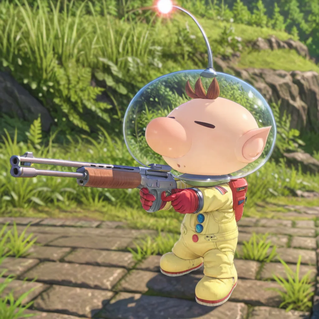 man holding shotgun, PikminOlimarXL <lora:PikminOlimarXL:0.7>, (anime, masterpiece, intricate:1.3), (best quality, hires textures, high detail:1.2), (4k),(incredibly detailed:1.4),UHD, 8K, ultra detailed