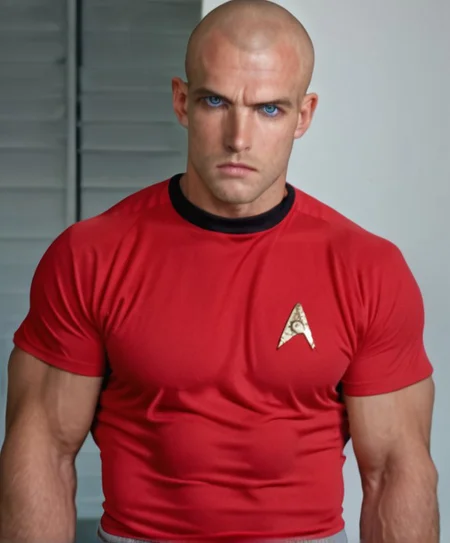 1boy, 20 year old male, Handsome, masculine, blonde, star trek, red shirt, muscle, tall, tight shirt, wide pectorals, big shoulders, wide shoulders, muscular neck, German, bald, big pale blue eyes, abs, biceps, scowling facial expression, phaser, hand,
stunf, star trek uniform,