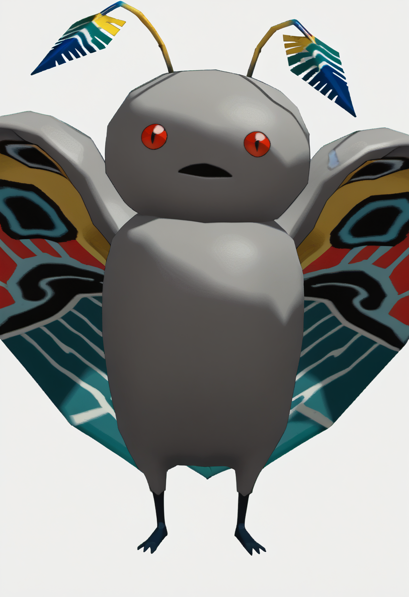 score_9, score_8_up, score_7_up, source_anime, solo
<lora:zs_WindWakerStyleXL:1> windwakerstyle, 3d, full body, white background
 <lora:Mothman-pdxl_Fp:1> mothman, pokemon \(creature\), red eyes, antennae, grey skin, wings