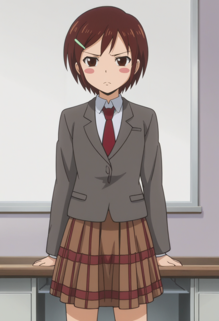source_anime,anime screencap, anime coloring,intricate details,rating_explicit, masterpiece, best quality,
(best quality, absurd res, ultra detailed),,(4 finger:0.5),1girl, ((solo)), good eyes,perfect eyes,,detailed eyes, zPDXLxxx , zPDXL3,detailed, detailed face
BREAK
solo,indoors,standing,front view, full body,
ringo, 1girl, brown eyes, brown hair, short hair, blush stickers, hairclip, school uniform,
shirt, jacket, necktie, skirt,
frown,
, <lora:add-detail-xl:2>  <lora:Ringo:0.8>