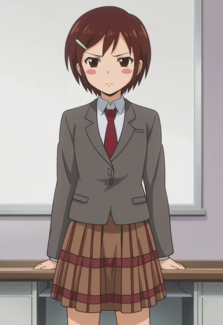 source_anime,anime screencap, anime coloring,intricate details,rating_explicit, masterpiece, best quality,
(best quality, absurd res, ultra detailed),,(4 finger:0.5),1girl, ((solo)), good eyes,perfect eyes,,detailed eyes, zPDXLxxx , zPDXL3,detailed, detailed face
BREAK
solo,indoors,standing,front view, full body,
ringo, 1girl, brown eyes, brown hair, short hair, blush stickers, hairclip, school uniform,
shirt, jacket, necktie, skirt,
frown,
, <lora:add-detail-xl:2> <lora:Ringo:0.8>