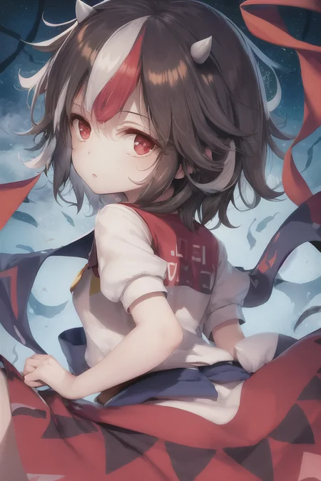 masterpiece, best quality, 1girl, solo, solo focus, (((kijin seija))), horns, red eyes, multicolored hair, (black hair), streaked hair, short hair, red hair, white hair, dress, bow, jewelry, bracelet, white dress, blue bow, puffy short sleeves, puffy sleeves, bowtie, blue bowtie, short sleeves, arrow \(symbol\), white shirt, blue sash, purple bowtie, purple bow, buttons, ribbon trim, multicolored clothes, back bow, sash, sailor collar, red sailor collar, <lora:seijaKijin_seijaKijin:1>, <lora:keTaAnimeStyle20_v20:1>, ke-ta,