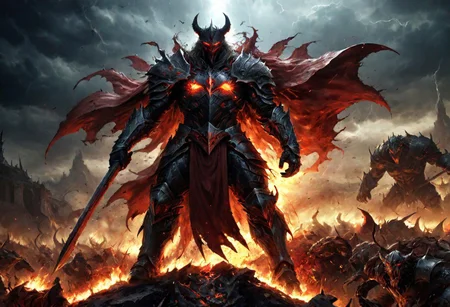 amazing quality, masterpiece, best quality, hyper detailed, ultra detailed, UHD, perfect anatomy, dof, hyper-realism, wide lense, epic, hell knight, evil hero, general, riding horse, leader, war axe, red cape, long cape, full body, demon, beast, wrath, fear, massacre, horror, violent, gore, guts, blood, terrifying, disturbing, disgusting, evil, horrifying, nsfw, dark, death, demon army, flames, storm, lightning, destruction, fire rain, apocalypse, cinamatic composition, harsh shadows <lora:add-detail-xl:1.0>, <lora:extremely_detailed:1.2>