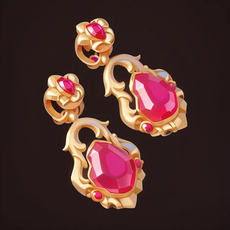 score_9, score_8_up, score_7_up, gem, jewelry, pink gemstone, no humans, simple background, dark brown background, earrings, gold earrings, two earrings
