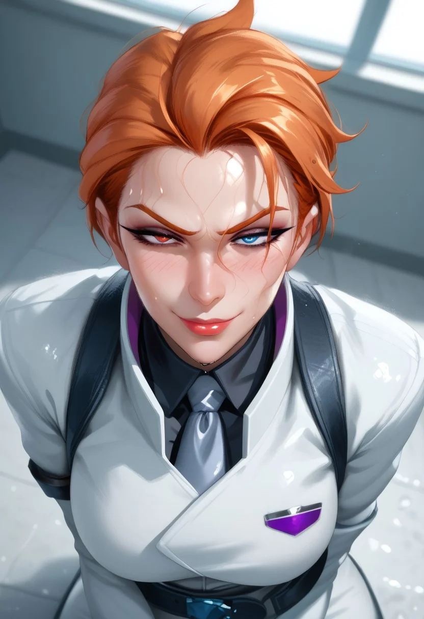 MAIDOLL,
score_9, score_8_up, score_8, anime style, source_anime,
BREAK,
1girl ,solo, beautiful mature female, gilf, voluptuous, curvy, looking at viewer, masterpiece, high detailed skin, mature female, motherly, character focus, depth of field,, curvy, EyesHD,
moiraxl,heterochromia,short hair,orange hair,red eye,blue eye,smug, white lab shirt, white lab coat,,tie,right demon arm,looking at viewer,harness,belt, eyeliner, smokey eyeshadow,
,seductive smile, sultry, ,blush, embarrassed, from above,
,hips, waist,
,indoors, sweaty, wet hair,
,makeup, eyeshadow,
(pinup pose, dynamic pose, upper body, seductive pose, dynamic angle, dutch angle, waist, leaning forward, sitting, dynamic action photos,)
,cinematic, masterpiece, best quality, ultra-detailed, very aesthetic, high res,
, pureerosface_v1, Expressiveh, intricate_details_xl,