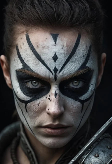 WhiteMold, 
Strong moody style portrait of an elegant battle-hardened warrior with hyperrealistic features and surreal abstract facial markings. Deep expressive eyes, low contrast, graceful and refined, cinematic lighting, dramatic high-contrast color palette.