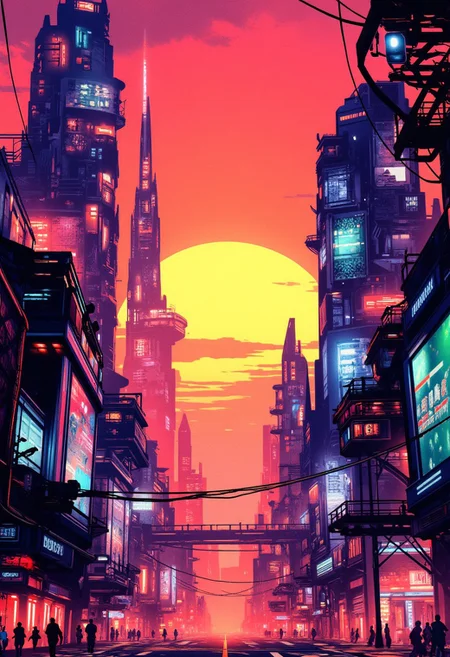 Inkpunk Anime, Abstract digital painting in the style of ck-js, concept art, futuristic, streetview of futuristic sci-fi city, towers, domes and skyscrapers, sunset, rule of thirds, perfect lighting, sunset, HD32K, wallpaper, hyperdetailed