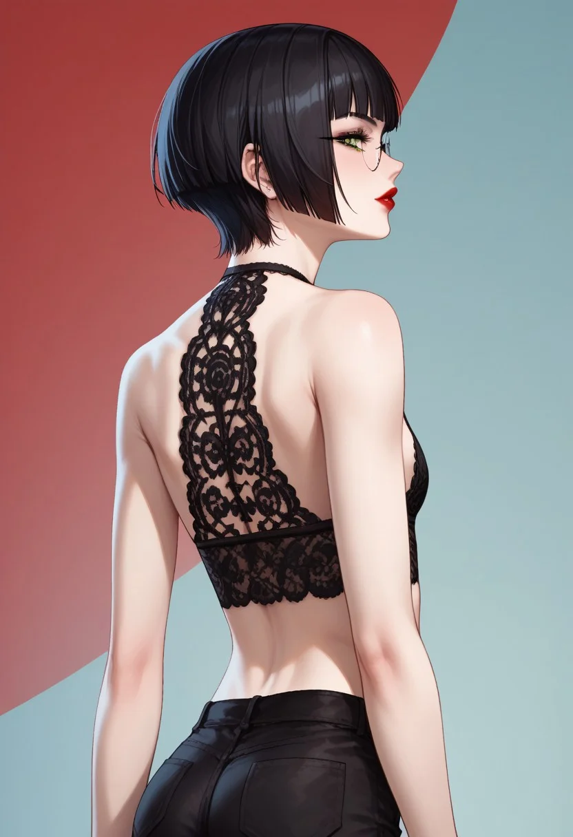 score_9, score_8_up, score_7_up, score_6_up, rating_questionable, 1girl, Polly, PollyRH, short hair, bobcut, black hair, bangs, green eyes, small breasts, almost flat chest, slim, pale skin, big round eyeglasses, clear eyeglasses lenses, nice round ass, red lipgloss, HD32k, dynamic pose, aesthetic, perspective, solo, detailed, sensual look, pinup pose, abstract background, detailed background, black-red tint, sensual look, pinup pose, upper body, bralette, ((red) bralette) , laced top, denim shorts, goth attire, punk attire, back view, back focus, hand on hips