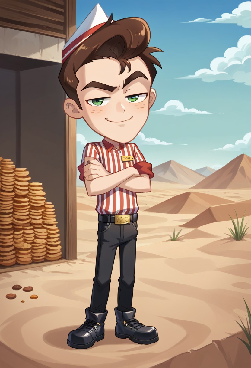 score_8, score_8_up, score_7_up, source_anime, anime screenshot, official art, 1boy, male focus, solo, eotm_JN, green eyes, garrison cap, brown hair, pompadour, unibrow, sideburns, freckles, vertical-striped shirt, red shirt, white shirt, name tag, sleeves rolled up, belt, belt buckle, black pants, shoes, black footwear, full body, crossed arms, salt, desert, outdoors, smug, looking at viewer,