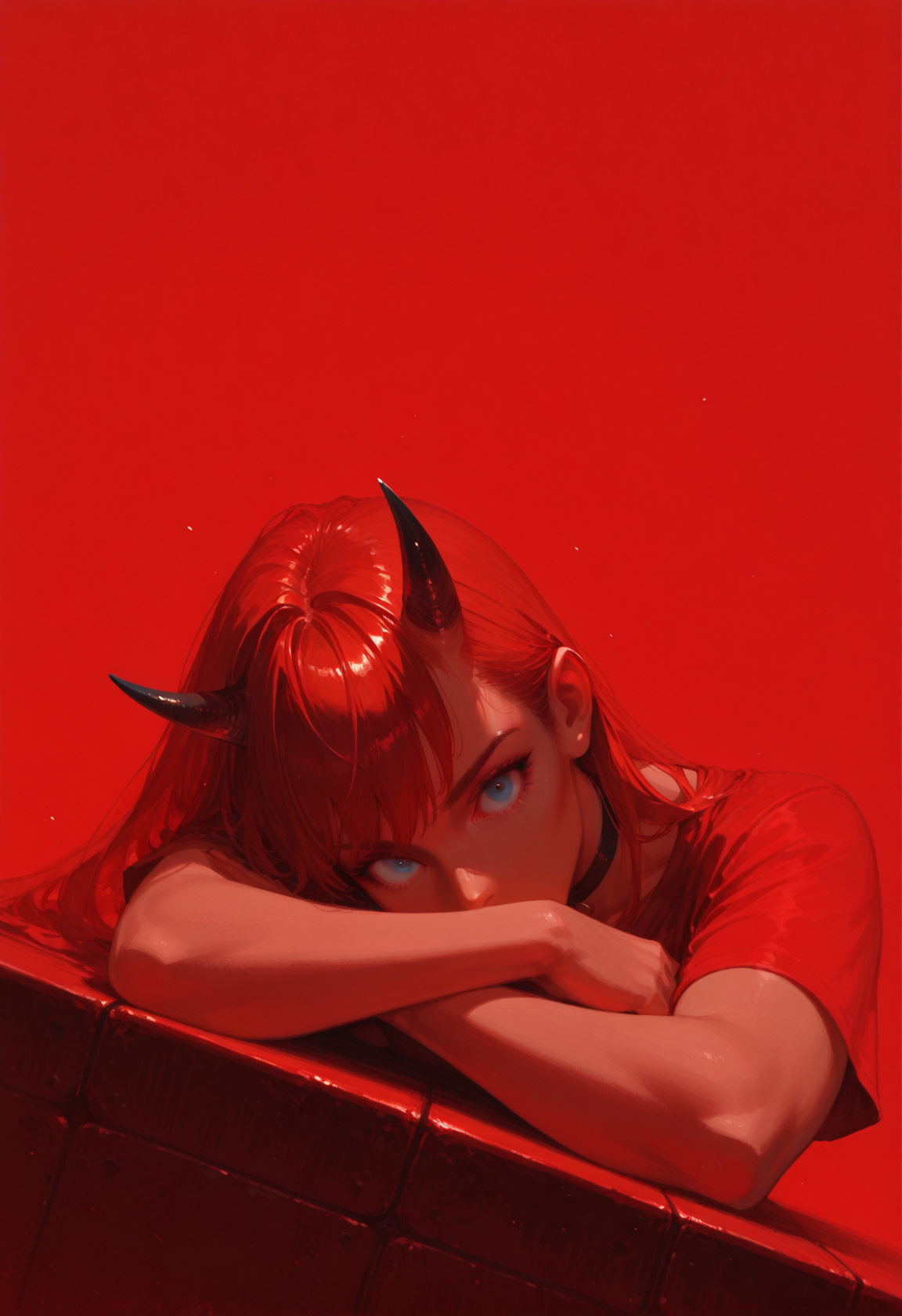 1girl, solo, horns, red background, blue eyes, long hair, looking at viewer, red hair, shirt, red theme, simple background, short sleeves, crossed arms, upper body, red shirt, covered mouth, choker, masterwork, masterpiece, best quality, dynamic lighting , dynamic pose,,  dynamic angle, , , (realistic:1.2), (lineless:1.2), detailed, <lora:Detailer_NoobAI_Incrs_v1:1>, , aged up, adult, depth of field, dynamic lighting, blurry, cheekbones,
