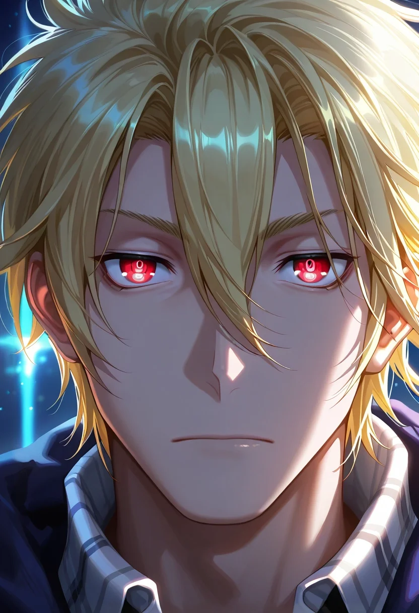 masterpiece, best quality, , semi-realistic, looking at viewer, 1boy, solo, male focus, <lora:king_of_despair_kekkai_sensen_ilxl:0.94>, king_of_despair_kekkai_sensen, blonde hair, red eyes, short hair, hair between eyes,