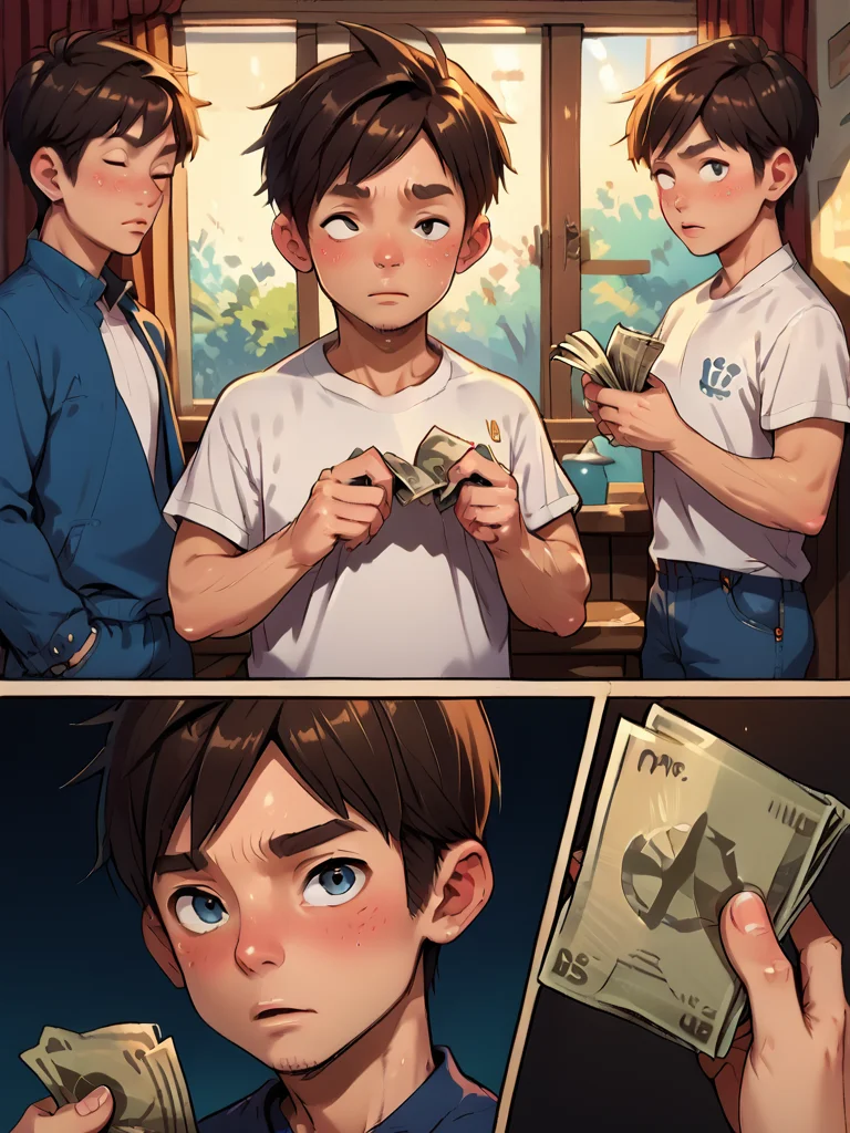 <lora:WasurePony:1> Score_9, Score_8_up, Score_7_up, fcNeg, source_anime,Comic page style, multiple frames. A male character wearing a white t-shirt and blue jeans is bullying younger kids in a school yard, taking their money. Focus on the character's face, the child handing over money, and the school yard.
<lora:Patrick_Fillion_Style_PonySDXL:0.25>   <lora:visualnovel_pony_SDXLPONY_r12_768_dim32-a1-adamW:0.7>