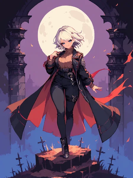 score_9, score_8_up, score_7_up, source anime,1girl ,solo <lora:faustXL_LoRA-C3Lier_AdamW_Dim16_Alpha16_UN-3e-4_TE-1.5e-4_10batch_ponyDiffusionV6XL_v6StartWithThisOne:0.8> faust \(project moon\), 1girl, white hair, short hair, blue eyes, black coat, open coat, long sleeves, jacket on shoulders, black vest, brown sweater, ribbed sweater, turtleneck sweater, black belt, black pants,smug, wide hips, thick thighs,half-closed eyes, full body, <lora:Cromachina_test:0.5> Cromachina <lora:d3p1x3lXLP:1> d3p1x3l, pixel art,