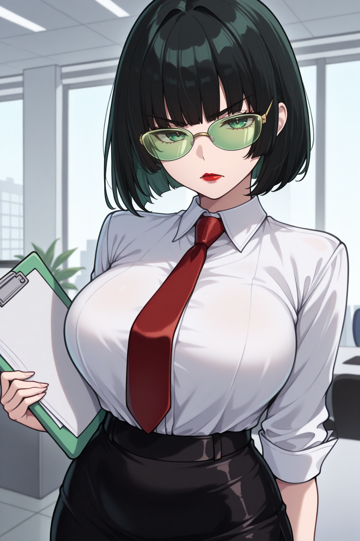 masterpiece, best quality, 1girl, solo, <lora:ggino-illu-nvwls-v1-000006:1> striveIno, black hair, medium hair, bob cut, green eyes, lipstick, white shirt, collared shirt, red necktie, black skirt, pencil skirt, office, looking at viewer, green-tinted eyewear, holding folder, annoyed, large breasts