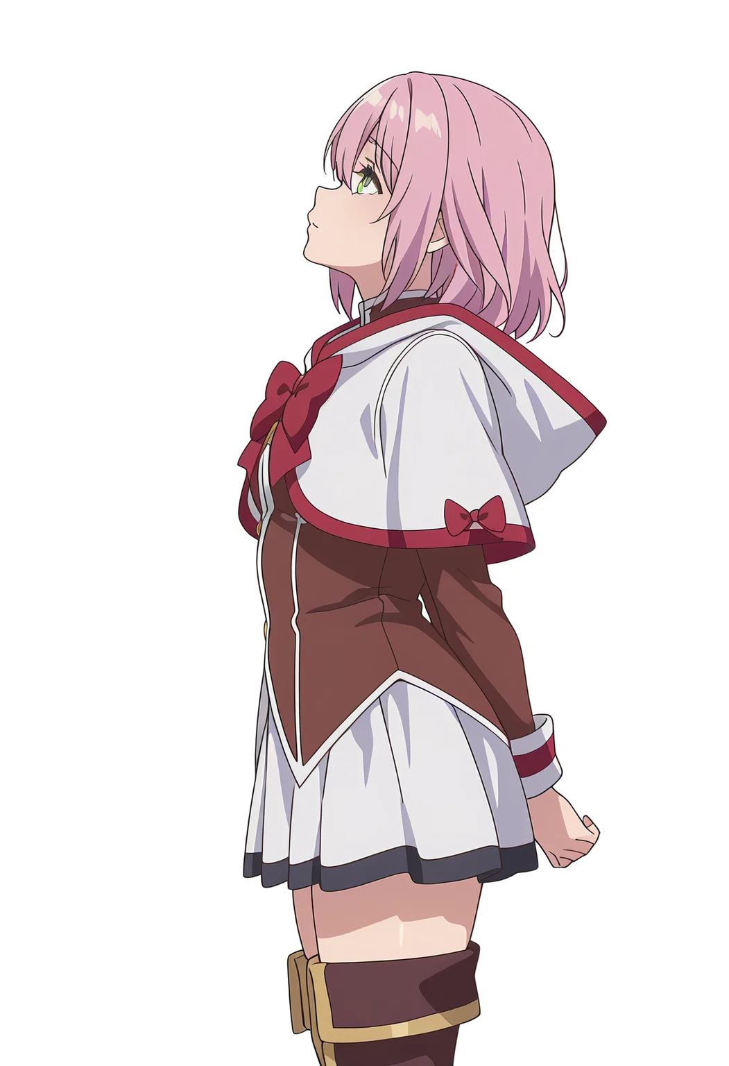 Smooth Quality,masterpiece,very intricate, high quality details, ultra realistic, high detailed skin,detailed enviorement,absurdres,
simple background, white background,
from side,depressed,standing, arms behind back, looking up, calm expression, relaxed posture,  ,
 <lora:Jioral_Norn_Clatalissa_cnn:0.8>norncnn,1girl,short hair, hair between eyes, bangs, green eyes, pink hair,white capelet, hooded capelet, long sleeves, skirt, thighhighs, thigh boots, red bow,