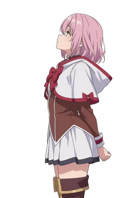 Smooth Quality,masterpiece,very intricate, high quality details, ultra realistic, high detailed skin,detailed enviorement,absurdres,
simple background, white background,
from side,depressed,standing, arms behind back, looking up, calm expression, relaxed posture,  ,
 <lora:Jioral_Norn_Clatalissa_cnn:0.8>norncnn,1girl,short hair, hair between eyes, bangs, green eyes, pink hair,white capelet, hooded capelet, long sleeves, skirt, thighhighs, thigh boots, red bow,