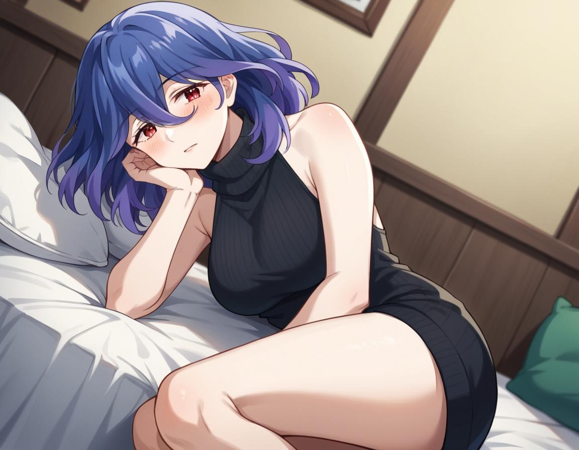 score_9, score_8_up, score_7_up, source_anime,
vermeil, <lora:vermeil-s1-ponyxl-lora-nochekaiser:1>,
vermeil, red eyes, hair between eyes, blue hair, purple hair, multicolored hair, medium hair,
sweater, bare shoulders, sleeveless, turtleneck, black sweater, thighs,
indoors, bed, bed room, on side, blush, drunk,
looking at viewer, cowboy shot, solo, dutch angle,