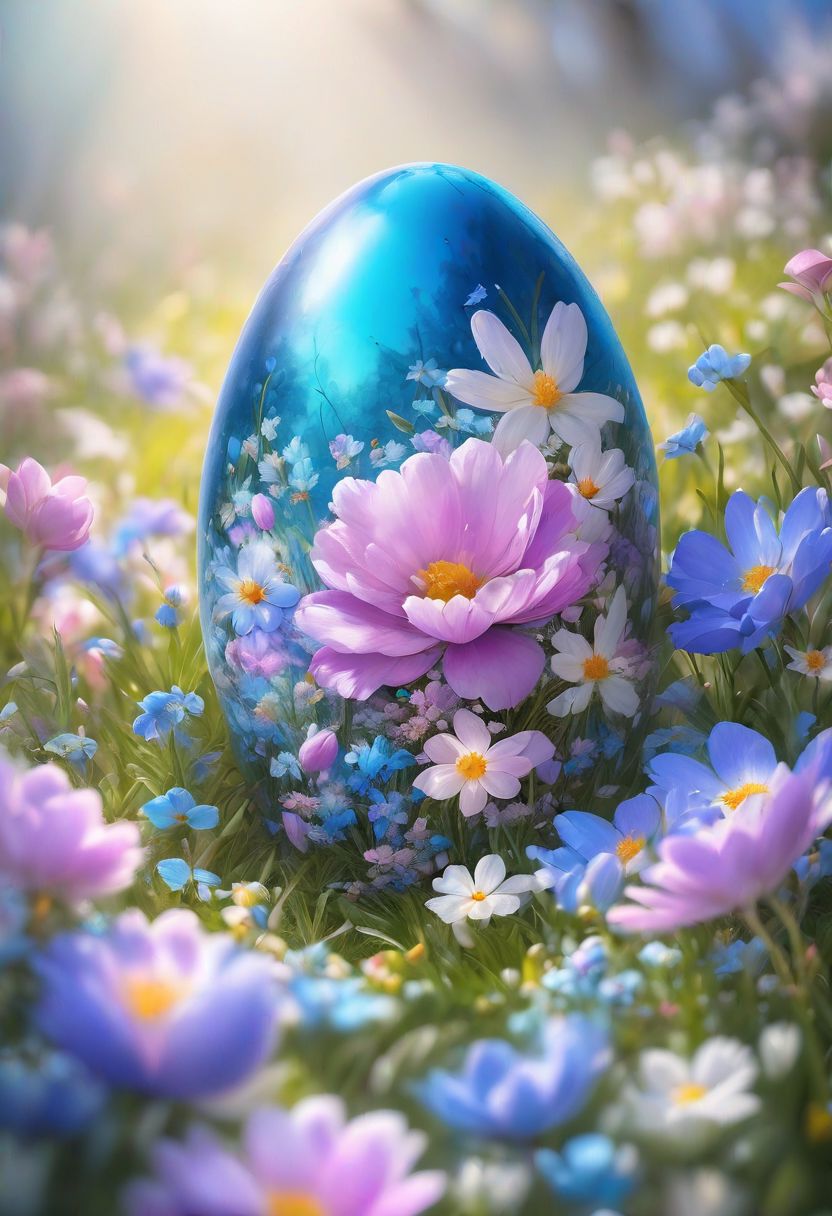 blue Easter egg embodying the concept of rebirth, cracked surface revealing emerging, pastel colors dominate the scene, backlight casting a heavenly glow, nestled in a bed of vibrant spring flowers, soft-focus background, bokeh effect, natural light, ultra-fine details, digital painting.