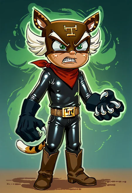 score_9, score_8_up, score_7_up, CuteCartoonStyle, 1boy, solo, male focus, El_Tigre, Mask, Green Eyes, white sideburns, Freckles, Cat Ears, Black Bodysuit, belt buckle, brown boots, Red Bandana around neck, black Gloves, tail, claws, green aura, angry,