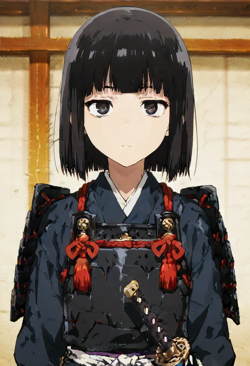 masterpiece, best quality, absurdres, detailed skin, detailed eyes, anime colored, anime screencap,
<lora:Suzushiro_Hatsuka:1>, Suzushiro Hatsuka, 1 boy, femboy, black hair, dark eyes, blunt bangs, looking at viewer, solo, expressionless, upper body,
<lora:oyoroi-000008:1>, oyoroi, samurai, shoulder armor, katana, kusazuri,