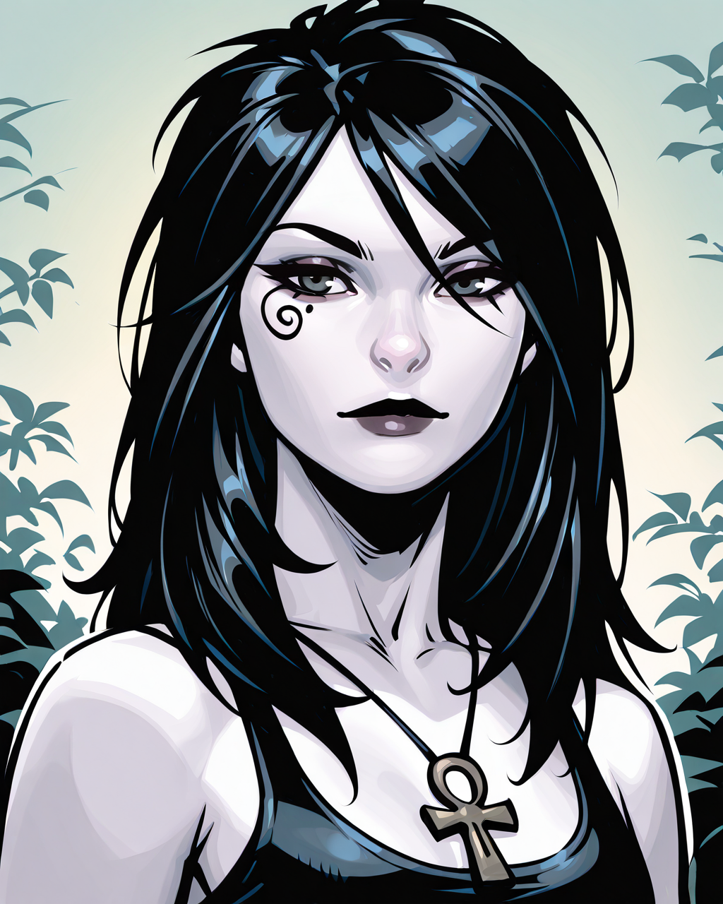 masterpiece, best quality, absurdres, perfect quality, absolutely eye-catching,   <lora:ChrisBachaloIllus:1> bachalo,  <lora:Death of the EndlessilluLoRA:0.8> dethofend, pale skin, colored skin, long hair, ankh necklace, tank top, 1girl, solo, ,mile, looking at viewer, tattoo under eye, portrait, black hair,