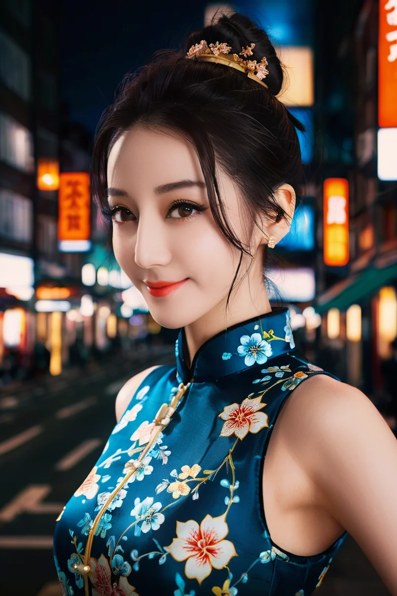 1girl,(wearing a cheongsam:1.2),(in london city:1.2),(RAW photo, best quality),(realistic, photo-realistic:1.4),masterpiece,an extremely delicate and beautiful,extremely detailed,2k wallpaper,Amazing,finely detail,extremely detailed CG unity 8k wallpaper,ultra-detailed,highres,soft light,beautiful detailed girl,extremely detailed eyes and face,beautiful detailed nose,beautiful detailed eyes,cinematic lighting,perfect anatomy,(slim body:1.3),hair bun,(black hair:1.2),city lights at night,smiling,<lora:Dilraba_XL_v1:1>,
anime artwork <prompt> . anime style,key visual,vibrant,studio anime,highly detailed,
