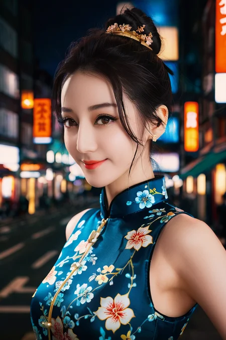 1girl,(wearing a cheongsam:1.2),(in london city:1.2),(RAW photo, best quality),(realistic, photo-realistic:1.4),masterpiece,an extremely delicate and beautiful,extremely detailed,2k wallpaper,Amazing,finely detail,extremely detailed CG unity 8k wallpaper,ultra-detailed,highres,soft light,beautiful detailed girl,extremely detailed eyes and face,beautiful detailed nose,beautiful detailed eyes,cinematic lighting,perfect anatomy,(slim body:1.3),hair bun,(black hair:1.2),city lights at night,smiling,<lora:Dilraba_XL_v1:1>,
anime artwork <prompt> . anime style,key visual,vibrant,studio anime,highly detailed,