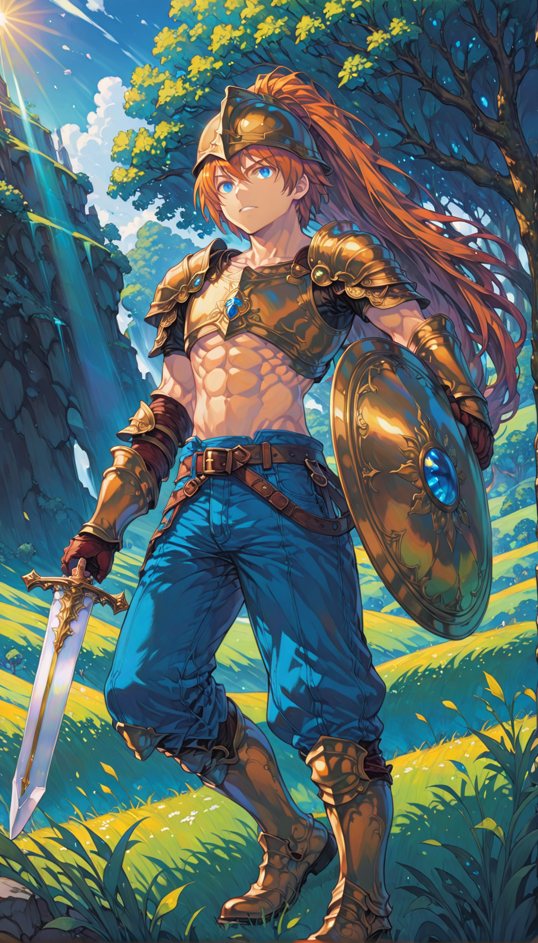 seiken_densetsu_mana_xl, 1boy, solo, sword, shield, absurdly long red hair, bronze helmet, abs, blue eyes, shoulder armor, armor, holding shield, helmet, belt, holding sword, boots, orange hair, looking at viewer, blue pants, pauldrons,
in a bright and colorful field,
depth of field, 8K, very aesthetic, highres, intricate detail, cinematic lighting, amazing quality, amazing shading, detailed Illustration, official artwork, wallpaper,
upper body, from below,
<lora:aesthetic_anime_v1s:1>
<lora:seiken-densetsu-mana-xl:1>
<lora:IOS_Iridescent_opal_style:0.8>