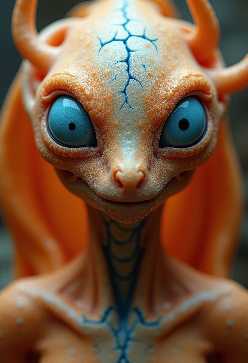 Front view, Ultra HD, 8K, intricate, cinematic, ((Special Species of Alien))), skin like light orange organism group, stunning beauty, blue cracks on skin, frosted color, sharp focus, white colored eyes, dramatic light
