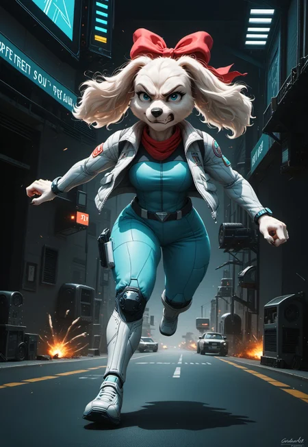 Fay sinclair,(score_9), score_8, [score_7],[score_6],[[score_5]], source_furry, science fiction city neon street,  shortstack (spaniel girl), running, holding gun, smirk, angry glare, thick,((white fur)),  wearing croptop aqua flight-suit, aqua pants, sleeveless white vest over aqua croptop_jacket, aqua rolled sleeves,  furry white [abs], realistic, background explosion