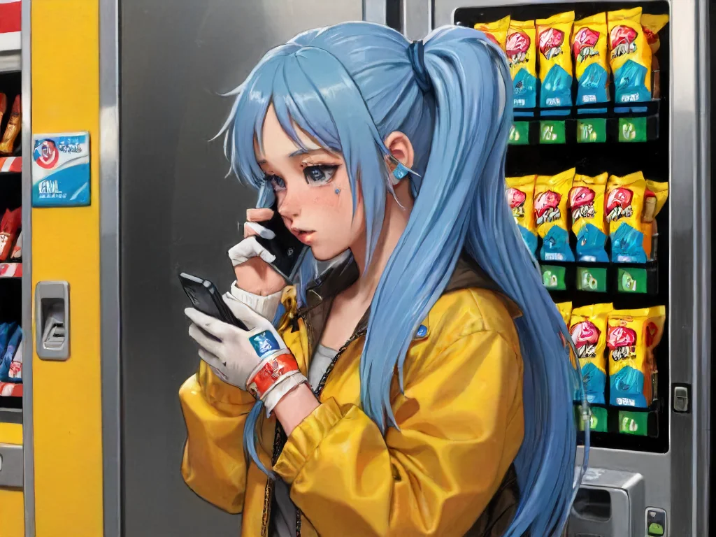 little thunder, style,1girl,solo,long hair,shirt,gloves,long sleeves,holding,blue hair,jacket,upper body,fingerless gloves,profile,bandages,phone,bandaid,holding phone,bandaid on face,yellow jacket, vending machine
<lora:merged model:1>